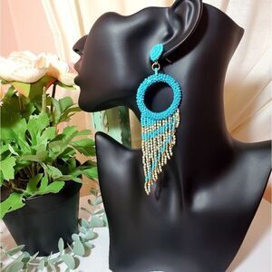 𝅺GOLDEN Slumbers Turquoise Seed Bead Fringe Earrings